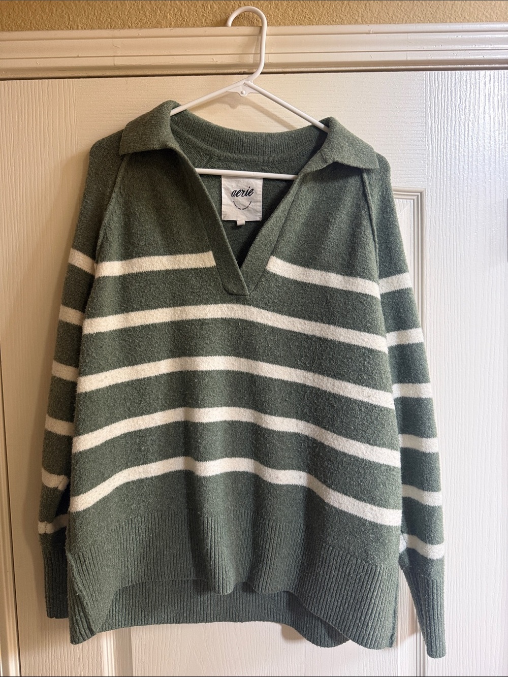 aerie Olive Green & White Striped Collared V-Neck Sweater